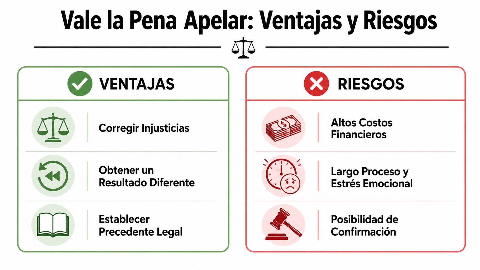Infografía comparativa sobre las ventajas y los riesgos de presentar una apelación en un proceso legal.