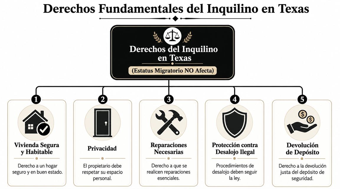 Infografía sobre los derechos fundamentales de los inquilinos en Texas, independientemente de su estatus migratorio.