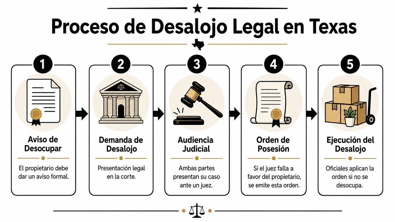 Infografía paso a paso que ilustra el proceso legal de desalojo de viviendas en el estado de Texas.