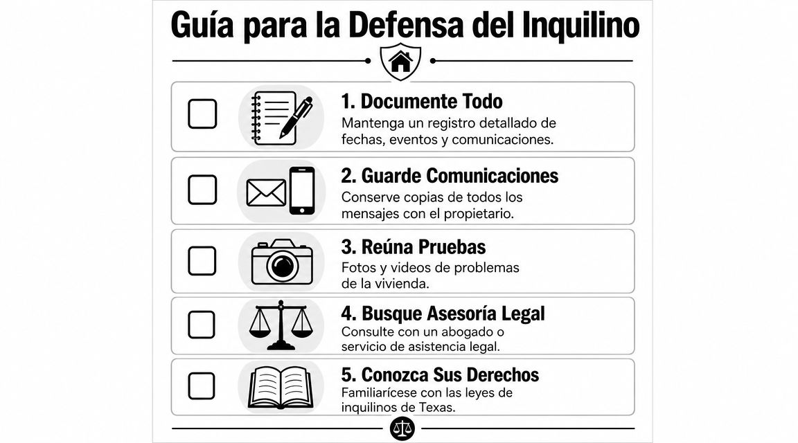 Una guía visual con cinco pasos esenciales para que los inquilinos protejan sus derechos legales en Texas.