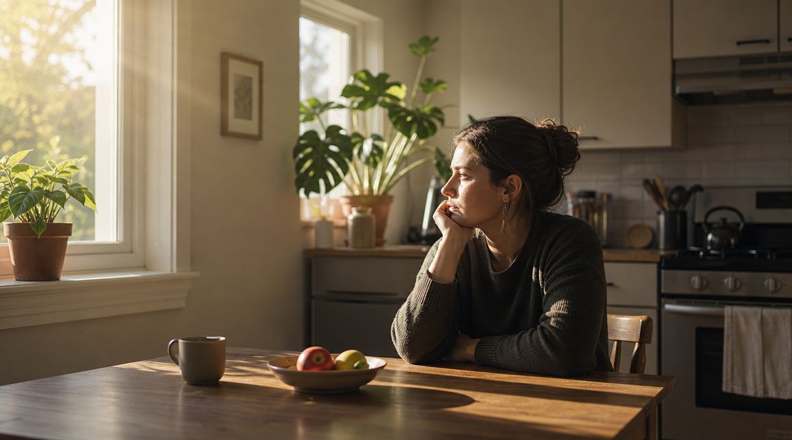 Mujer sentada a una mesa en una cocina iluminada por el sol, mirando pensativa por la ventana.