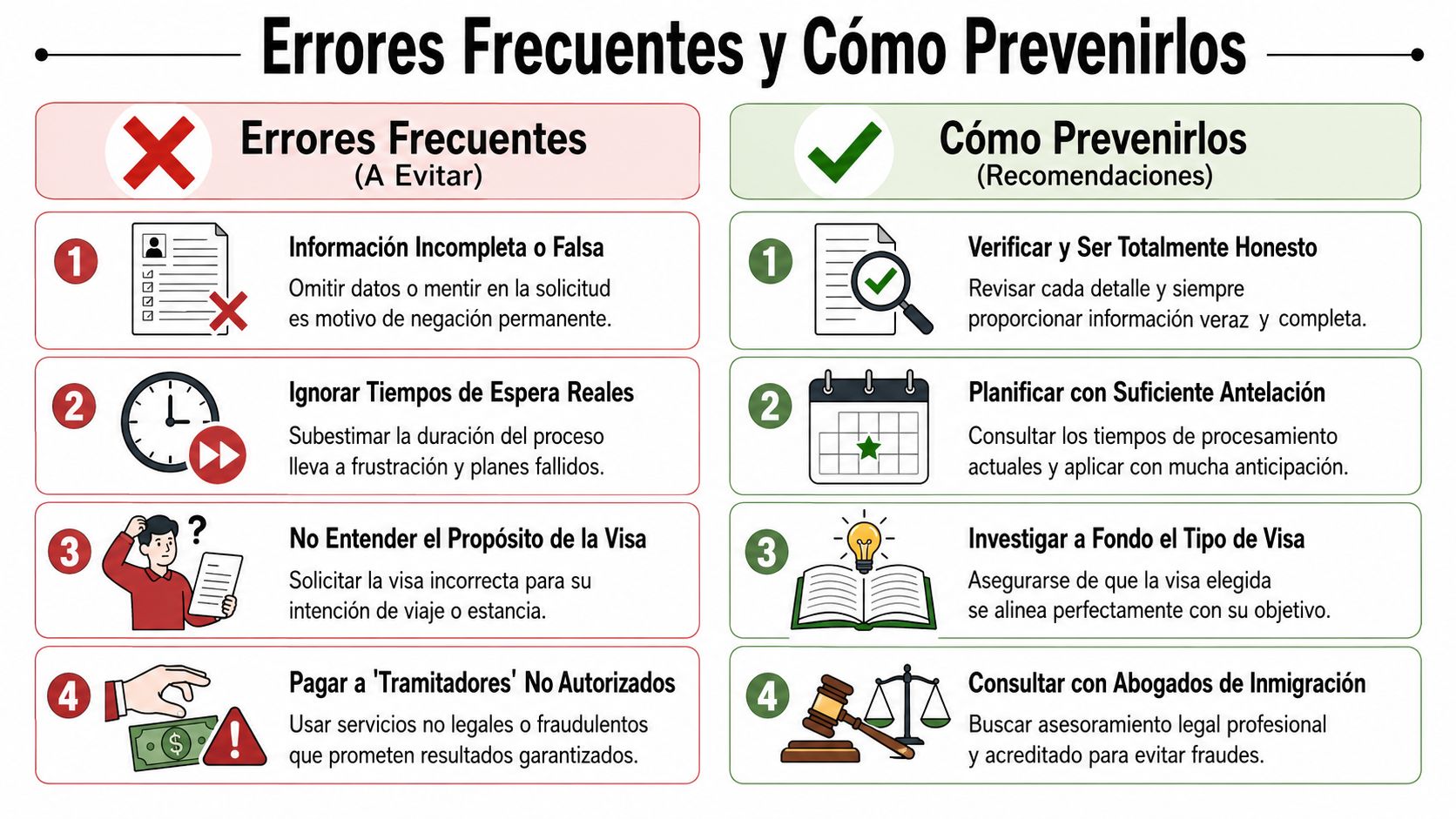 Infografía sobre errores frecuentes al solicitar visas y recomendaciones prácticas para evitar problemas en el proceso.