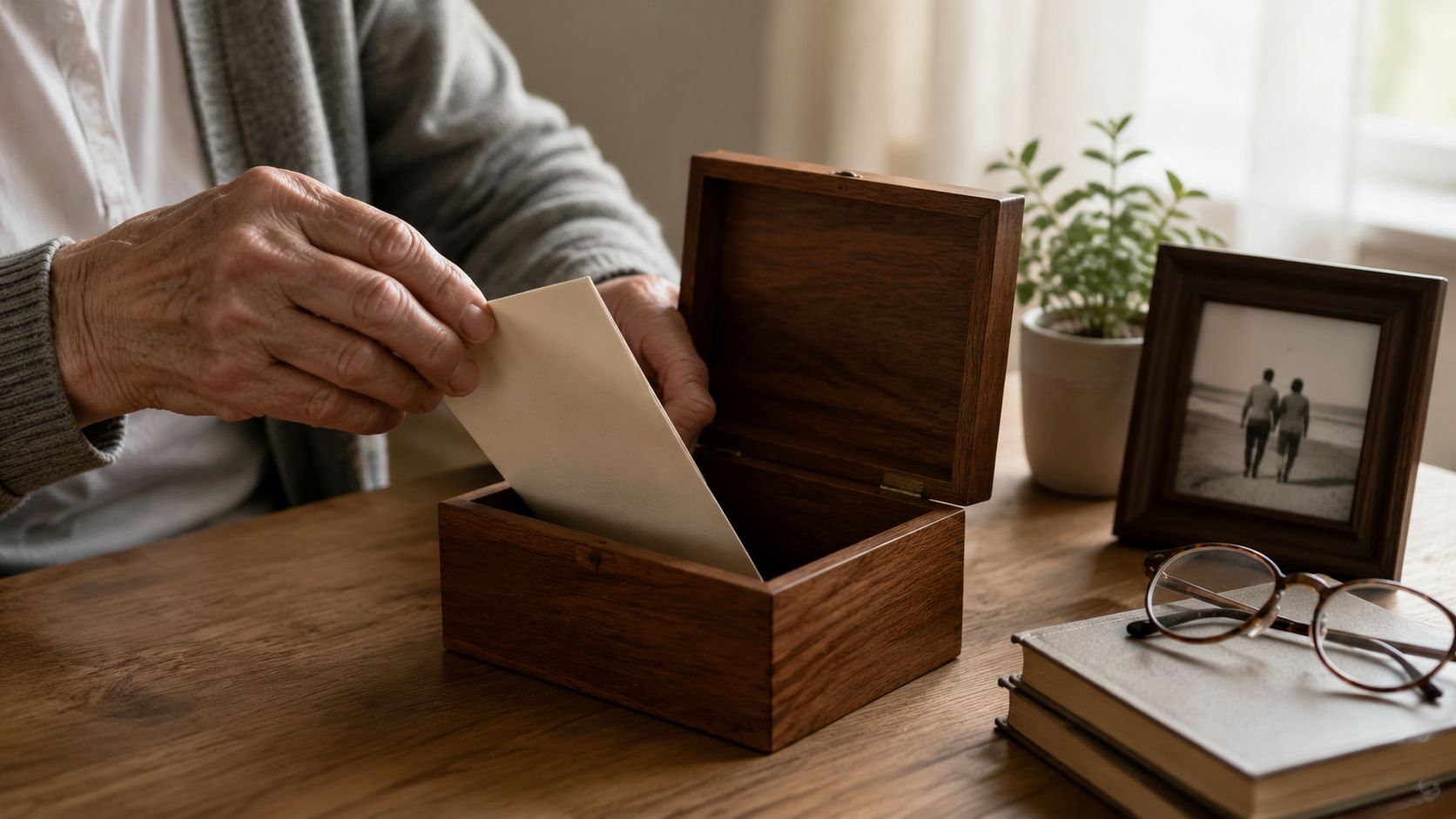 Una persona mayor coloca cuidadosamente documentos personales en una caja de madera sobre una mesa de madera.