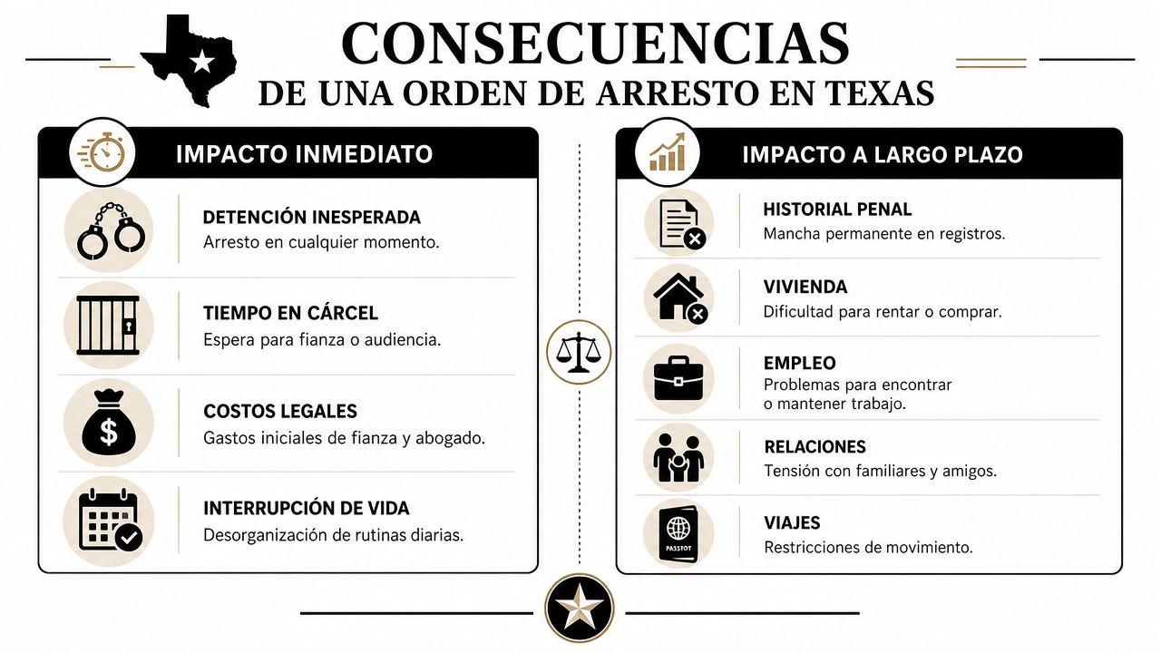 Infografía sobre las consecuencias inmediatas y a largo plazo de una orden de arresto en Texas.