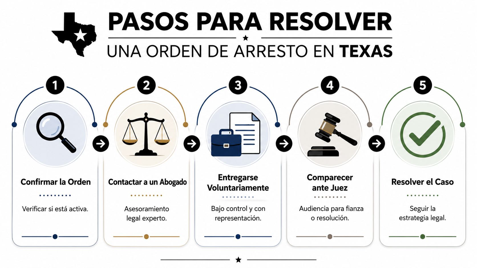 Infografía con cinco pasos para resolver una orden de arresto en el estado de Texas, Estados Unidos.