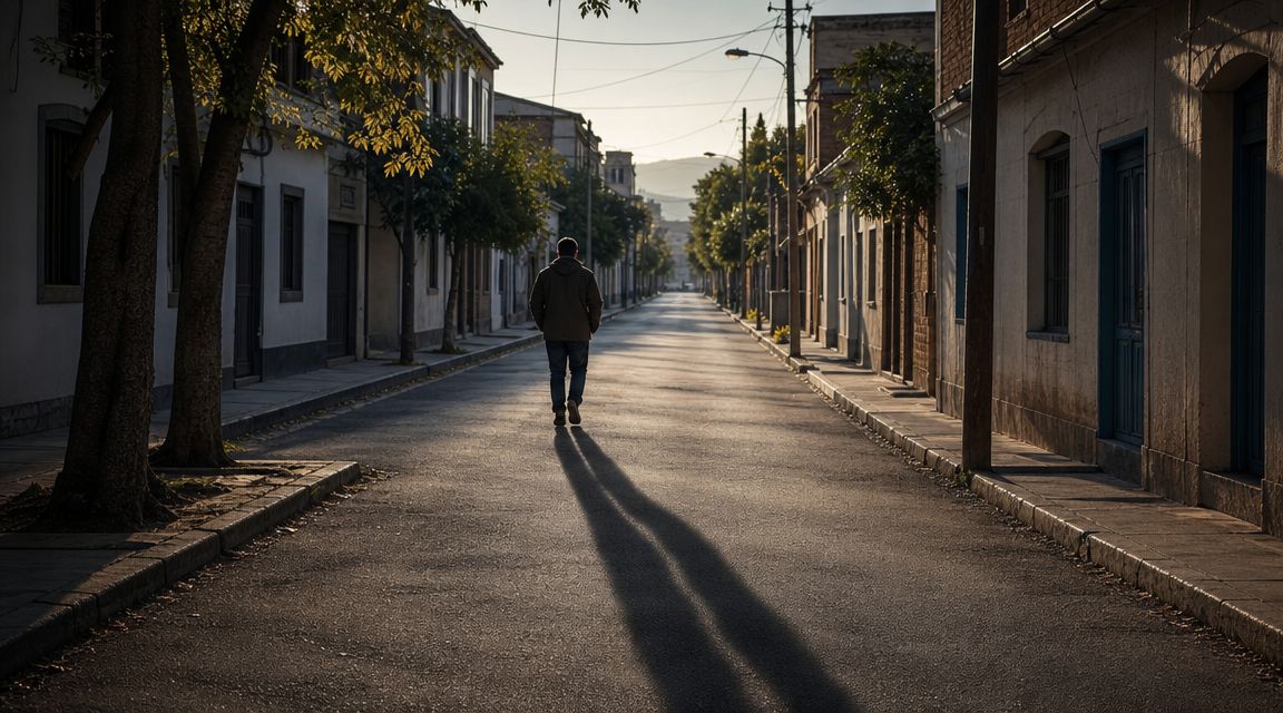 Una persona caminando sola por una calle tranquila y solitaria durante el atardecer en un barrio residencial.