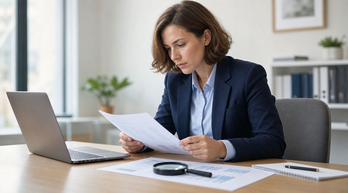 Mujer profesional en traje leyendo documentos importantes en su escritorio de oficina con una computadora portátil.