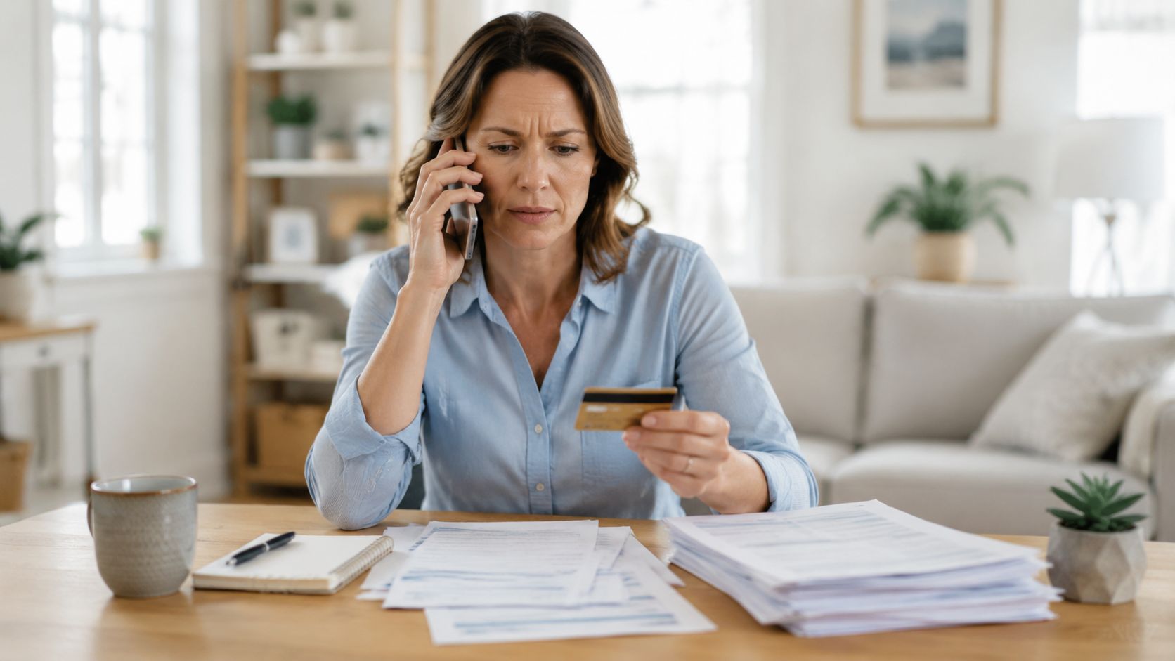 Una mujer preocupada hablando por teléfono y revisando documentos financieros mientras sostiene una tarjeta de crédito.