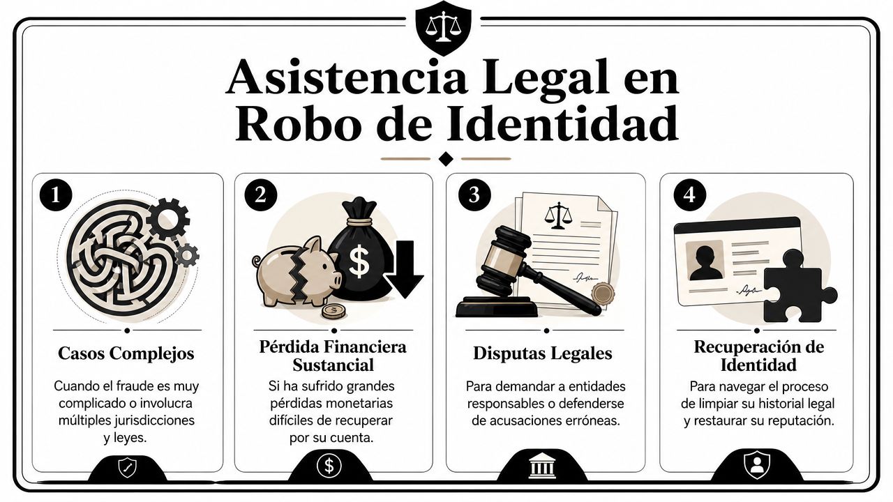 Infografía sobre asistencia legal necesaria ante casos de robo de identidad, pérdida financiera y disputas legales complejas.