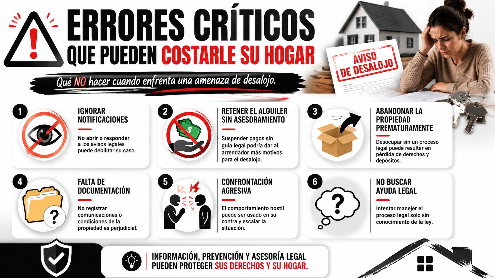 Infografía sobre errores críticos que deben evitarse al enfrentar una amenaza de desalojo de su vivienda.