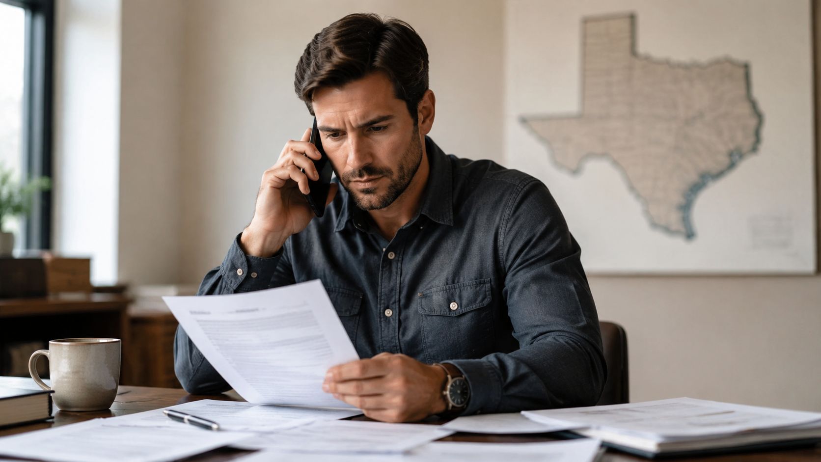 Hombre de negocios en Texas revisando documentos importantes mientras habla por teléfono en su oficina privada.