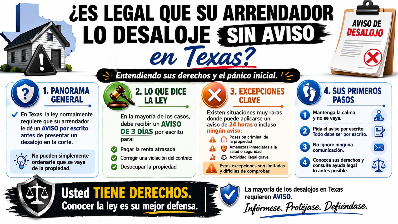 Infografía legal sobre los derechos del inquilino frente a desalojos sin aviso previo en Texas.