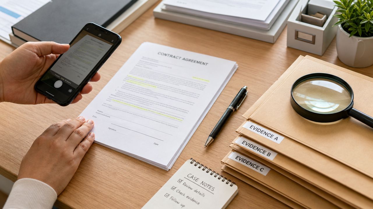 Una persona escanea un contrato legal con su teléfono móvil sobre un escritorio de oficina organizado.