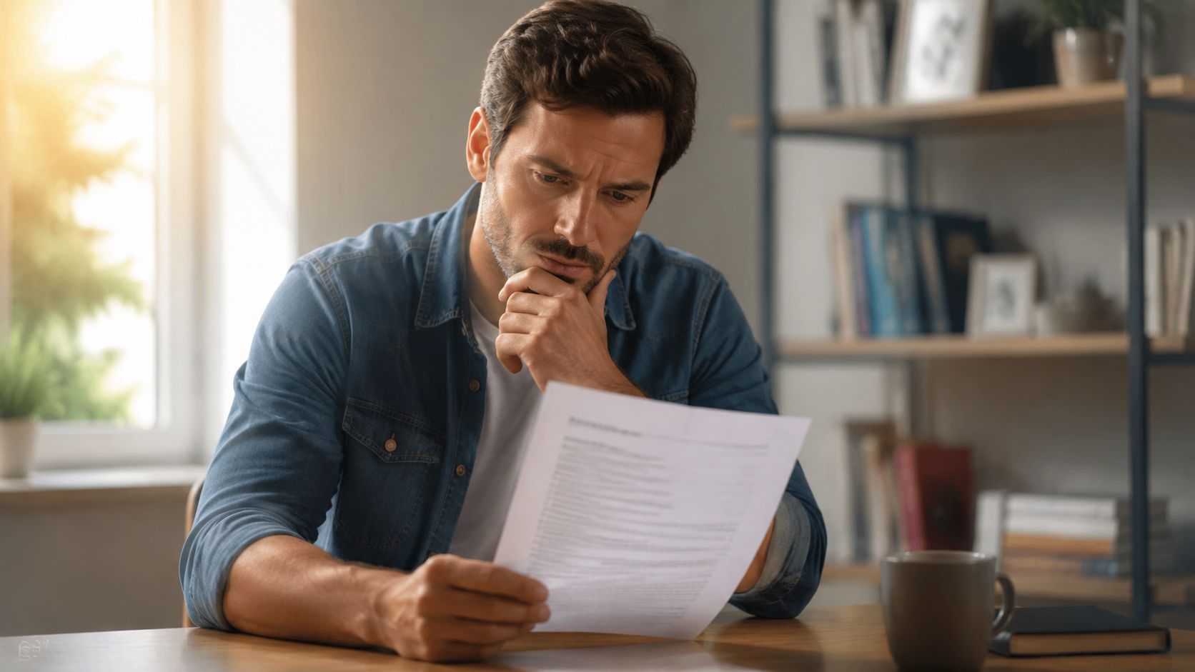 Un hombre concentrado revisa documentos legales sentado en su escritorio mientras piensa sobre responsabilidades financieras
