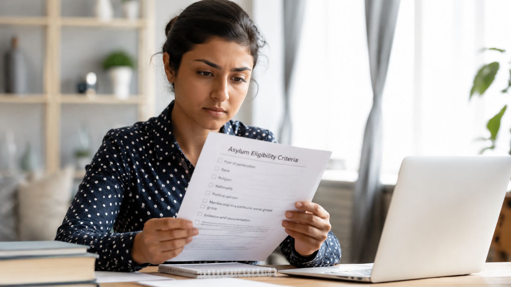 Una mujer joven concentrada revisando un documento impreso sobre los criterios de elegibilidad para el asilo político.