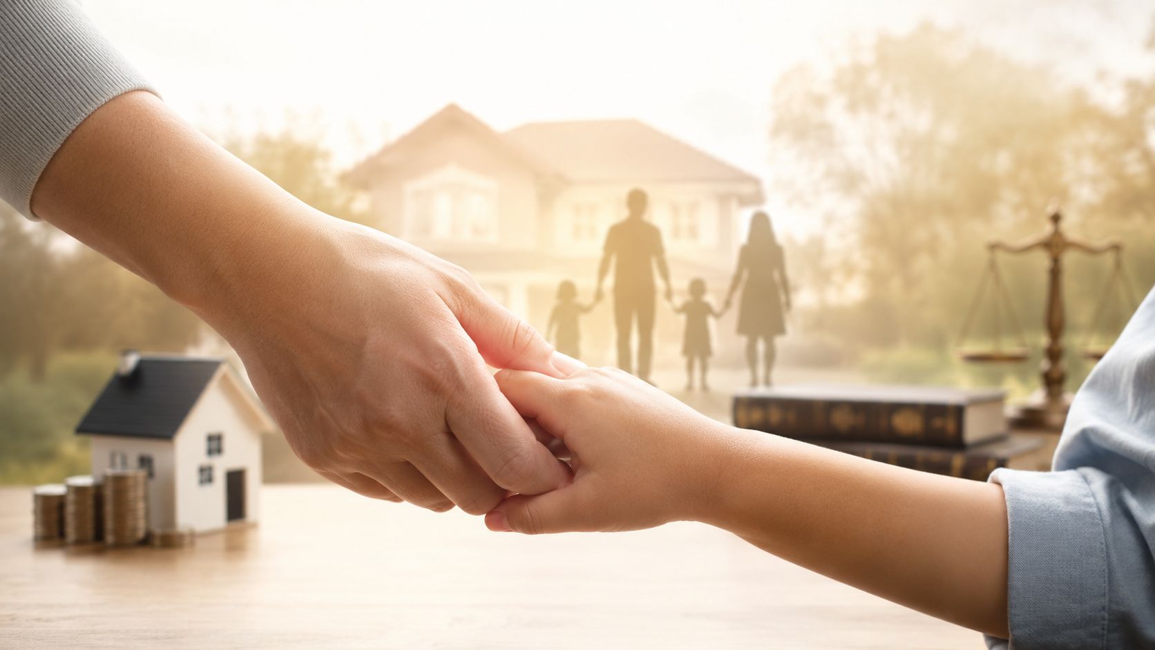Una mano adulta sosteniendo la mano de un niño frente a una casa en miniatura y balanza legal.