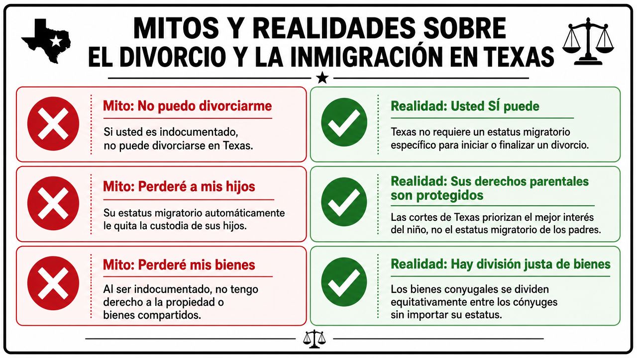 Infografía sobre mitos y realidades del divorcio y la inmigración para personas indocumentadas en Texas.