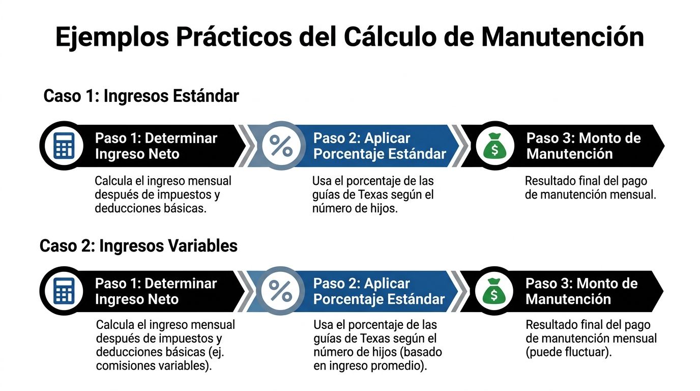 Infografía que explica los pasos para calcular la manutención de hijos según las guías de Texas.