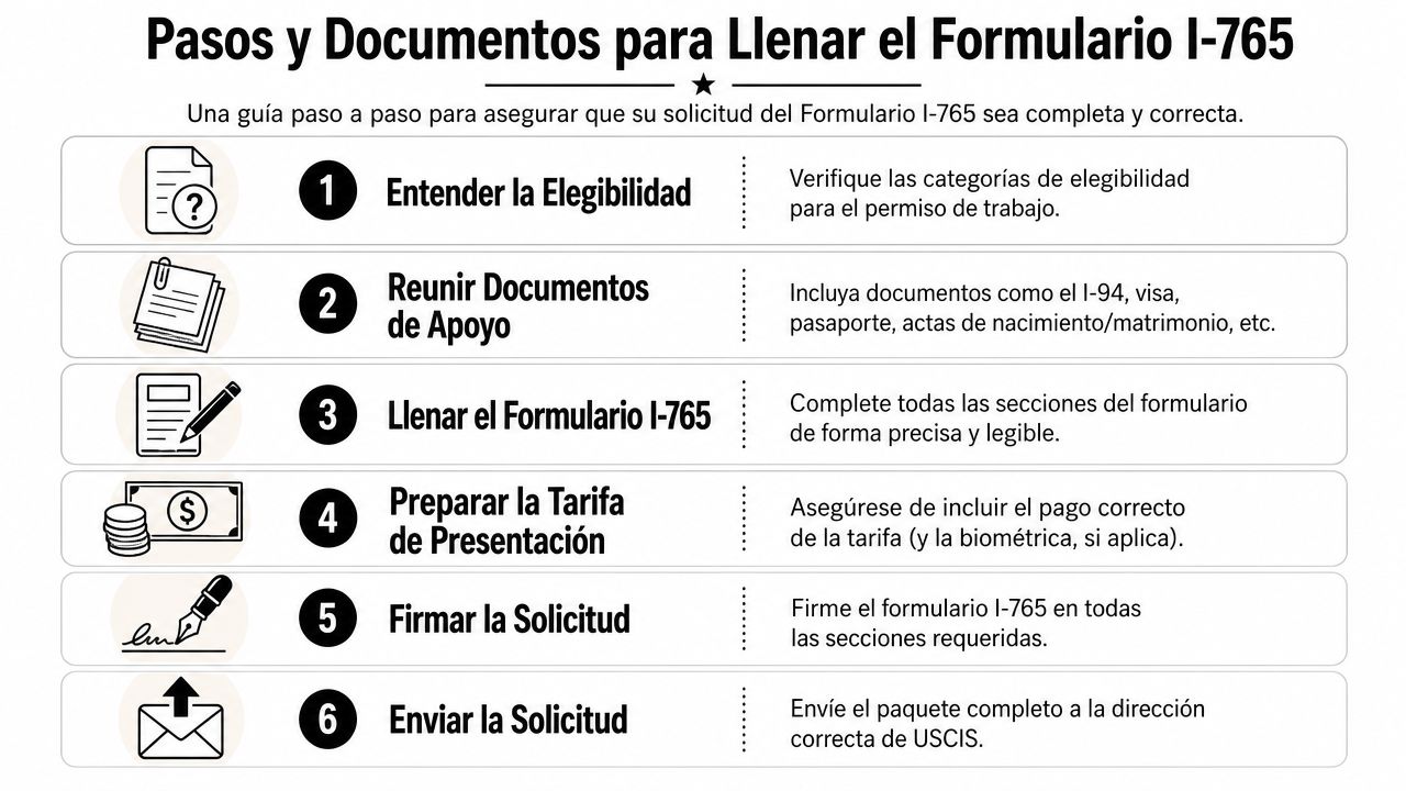 Una infografía educativa con seis pasos numerados para completar correctamente la solicitud del formulario I-765 de USCIS.
