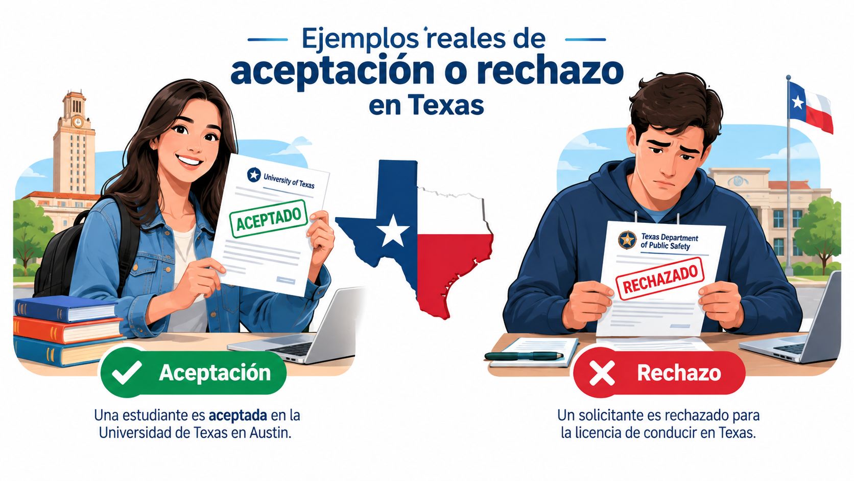 Comparación visual de una carta de aceptación universitaria y una notificación de rechazo de licencia en Texas.