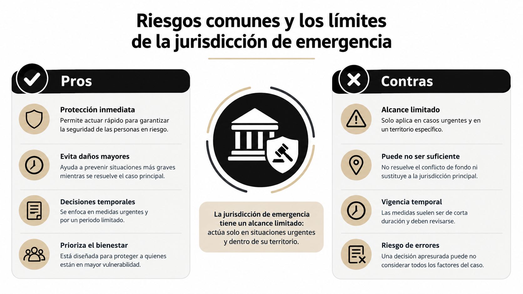 Infografía comparativa que detalla los beneficios y las limitaciones de la jurisdicción de emergencia legal.