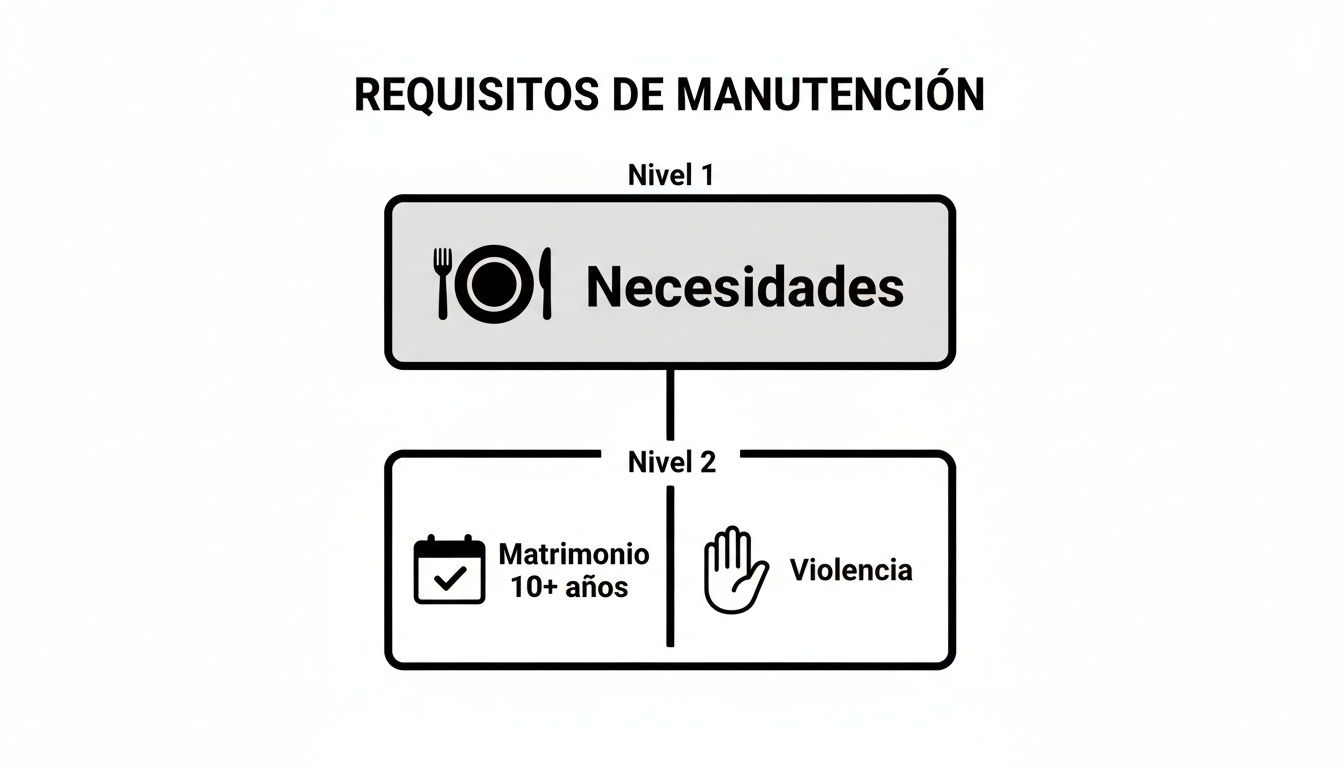 Diagrama de requisitos de manutención en Texas. Nivel 1: Necesidades. Nivel 2: Matrimonio 10+ años y Violencia.