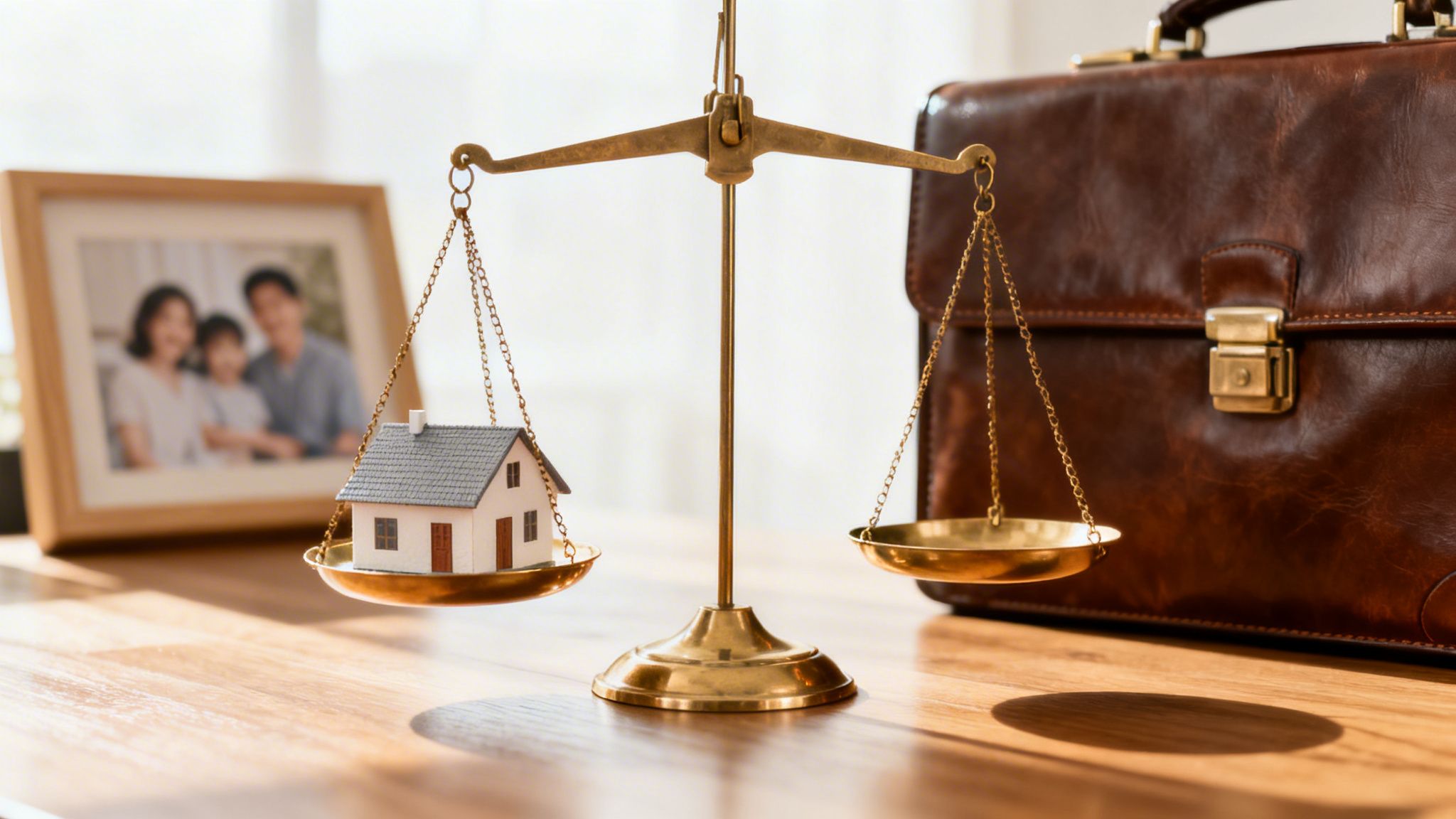 Balanza de justicia con casa miniatura, foto familiar borrosa y maletín, simbolizando la división de bienes.