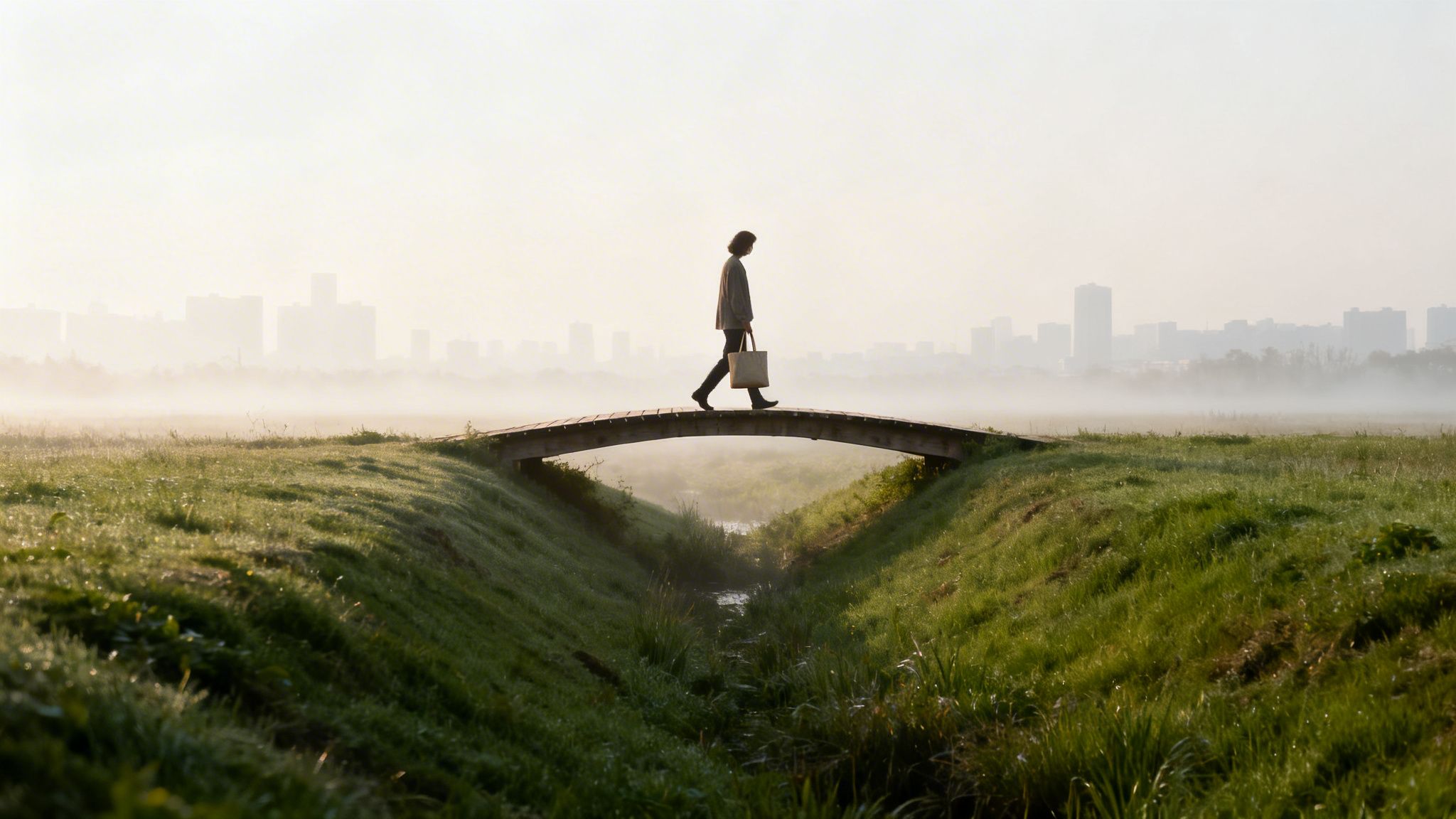 Persona camina sobre un puente de madera en un campo brumoso con rascacielos a lo lejos.