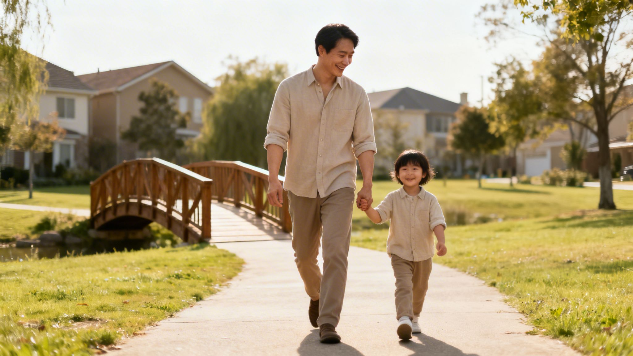 Padre e hijo asiáticos sonriendo y caminando de la mano por un sendero soleado en un parque suburbano con un puente.