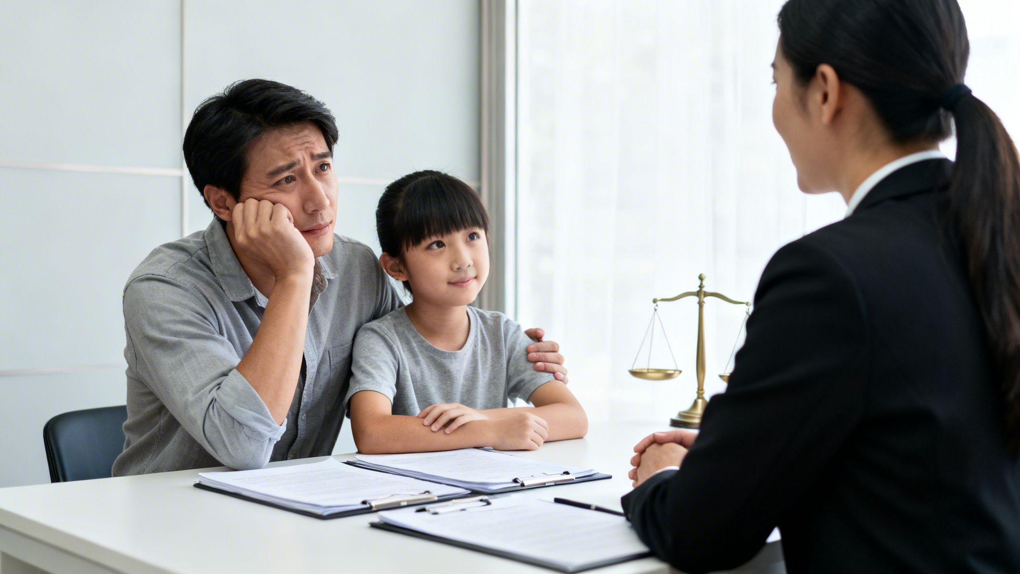 Padre angustiado y su hija en consulta legal con abogada sobre documentos de familia y justicia.