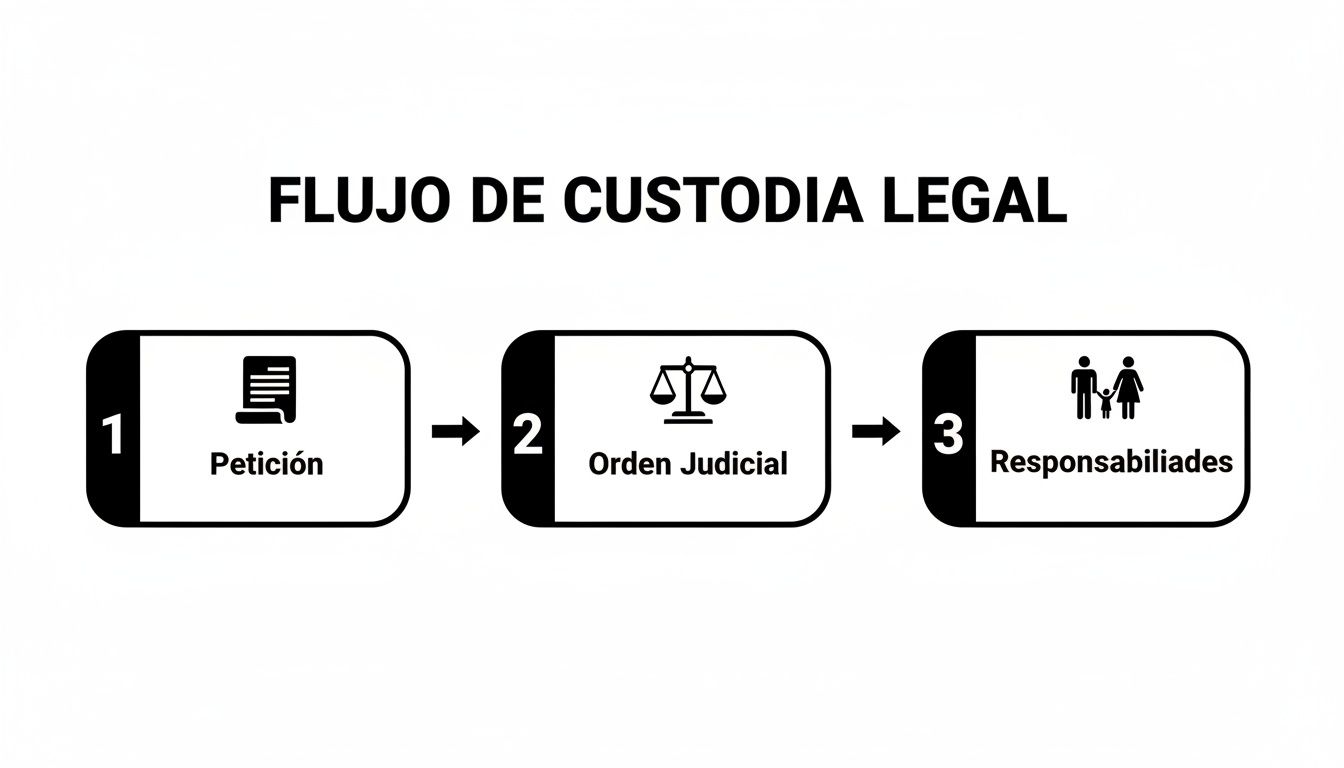 Flujo de custodia legal que detalla los pasos de petición, orden judicial y responsabilidades.
