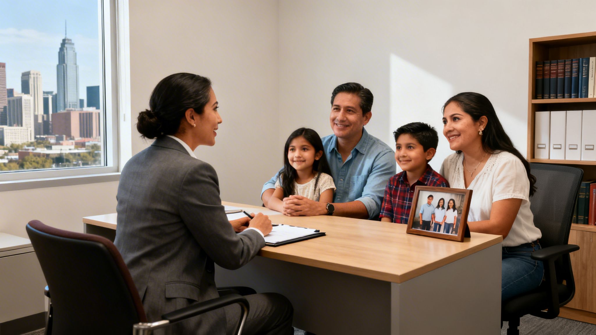 Abogada hispana habla con una familia sonriente (padres y dos hijos) en una oficina, con vista a la ciudad.