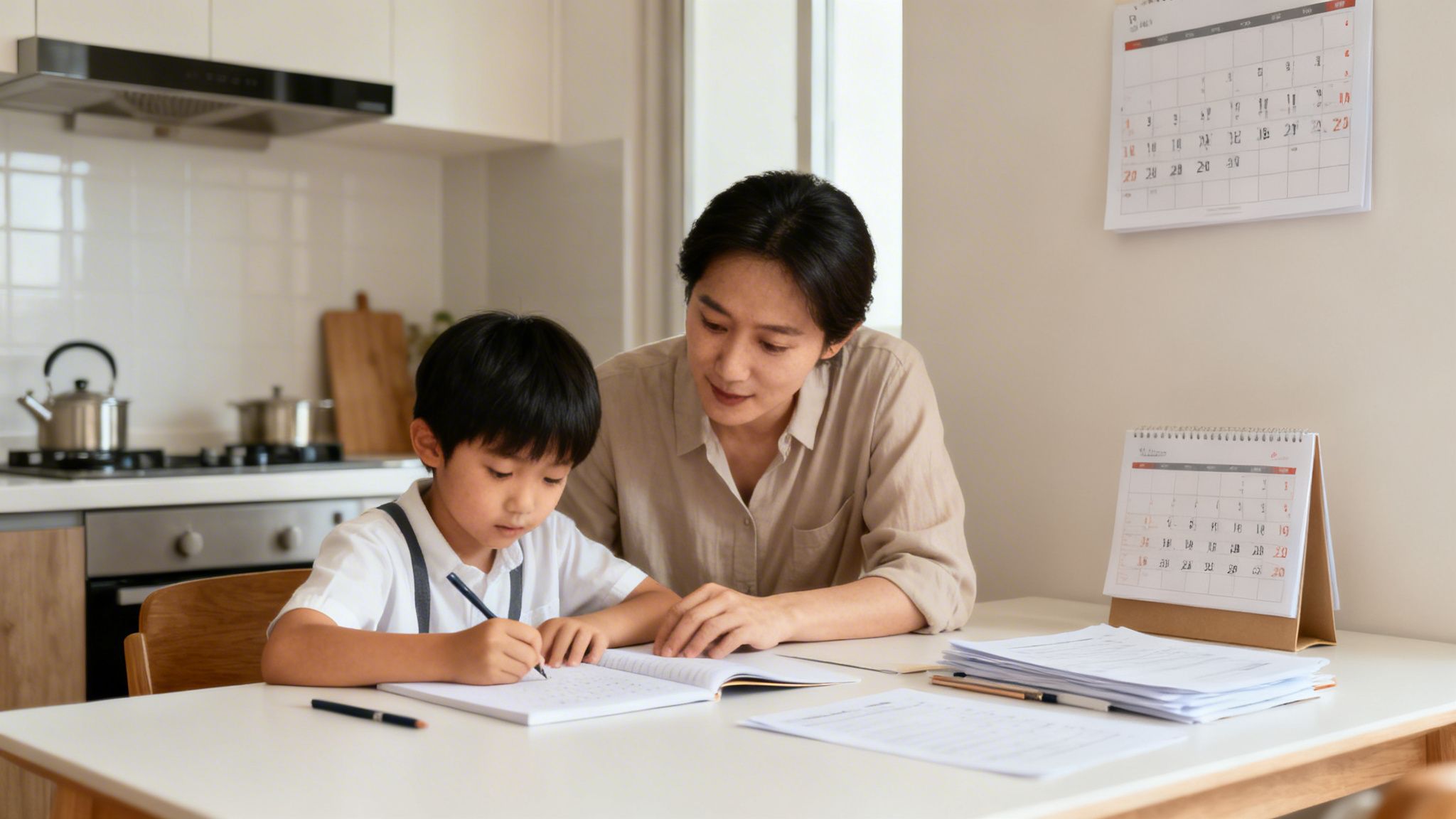 Madre asiática ayuda a su hijo con la tarea en la mesa de la cocina, enseñándole a escribir.