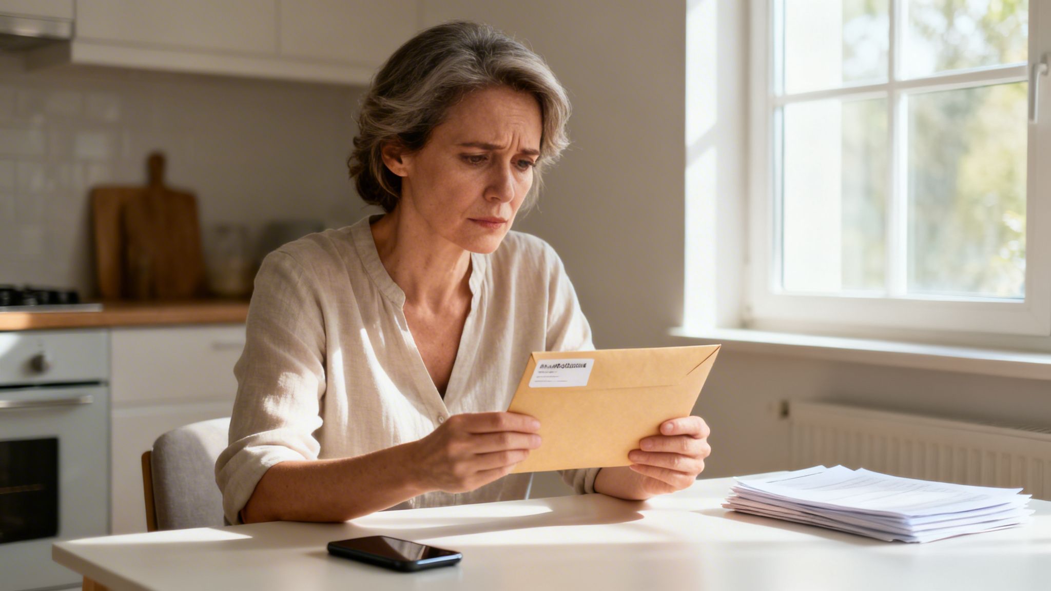 Mujer mayor con expresión preocupada sostiene un sobre, sentada a la mesa con documentos y un teléfono.