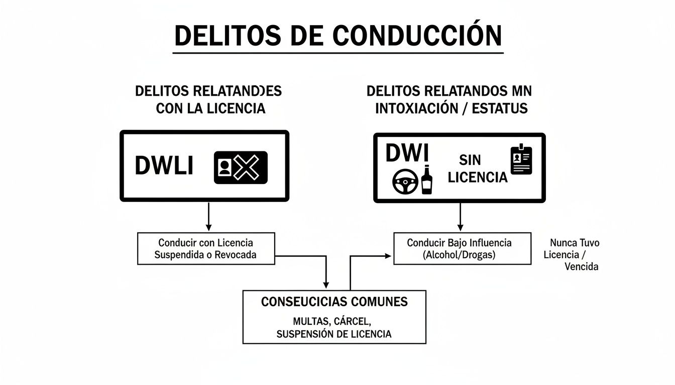 Diagrama de delitos de conducción en Texas, incluyendo DWLI, DWI y sus consecuencias legales.