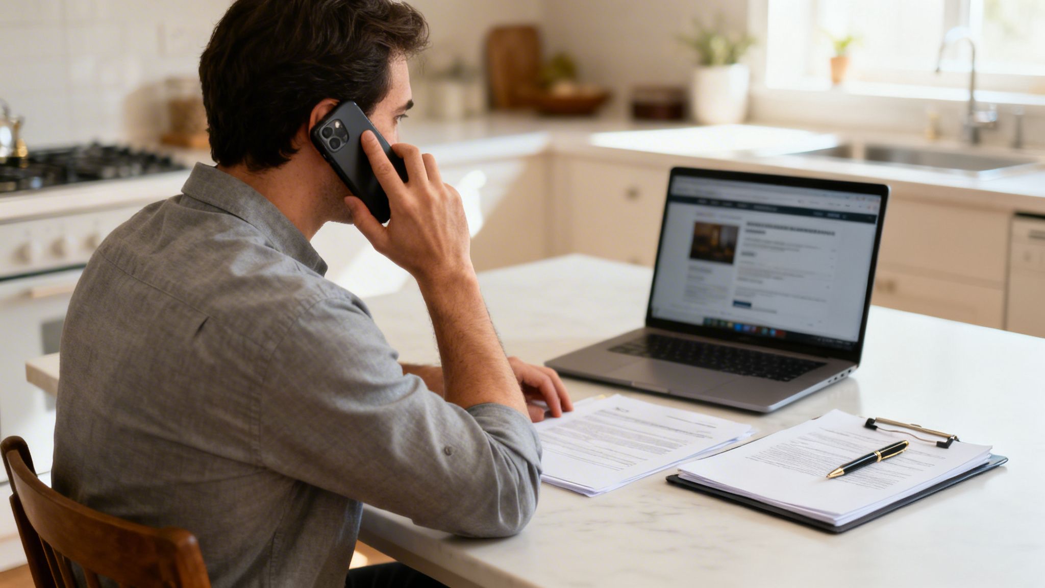 Hombre hablando por teléfono, trabajando en laptop y documentos en una cocina moderna y luminosa.