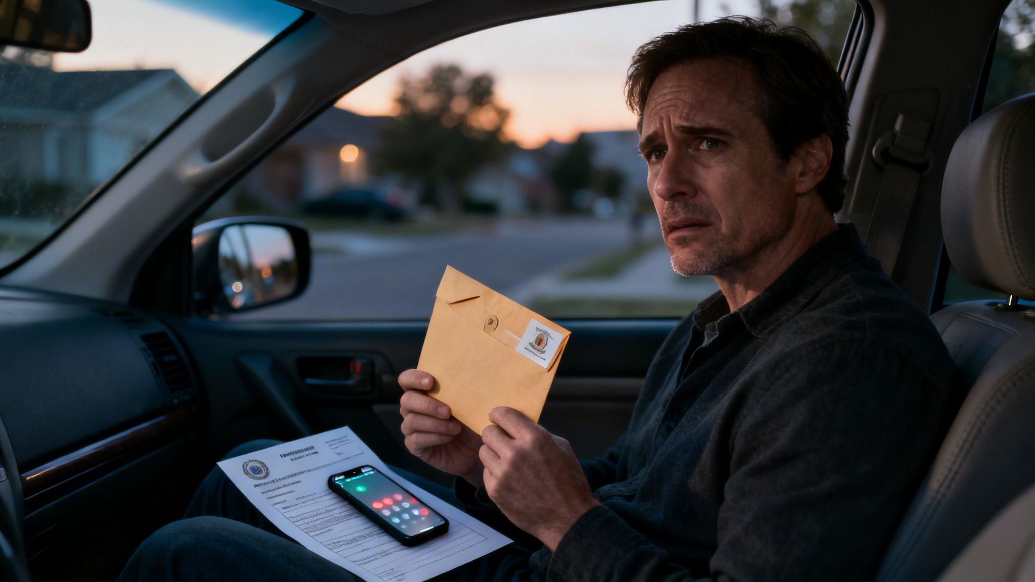 Hombre preocupado en un coche, sosteniendo un sobre, con un documento y teléfono en el asiento.
