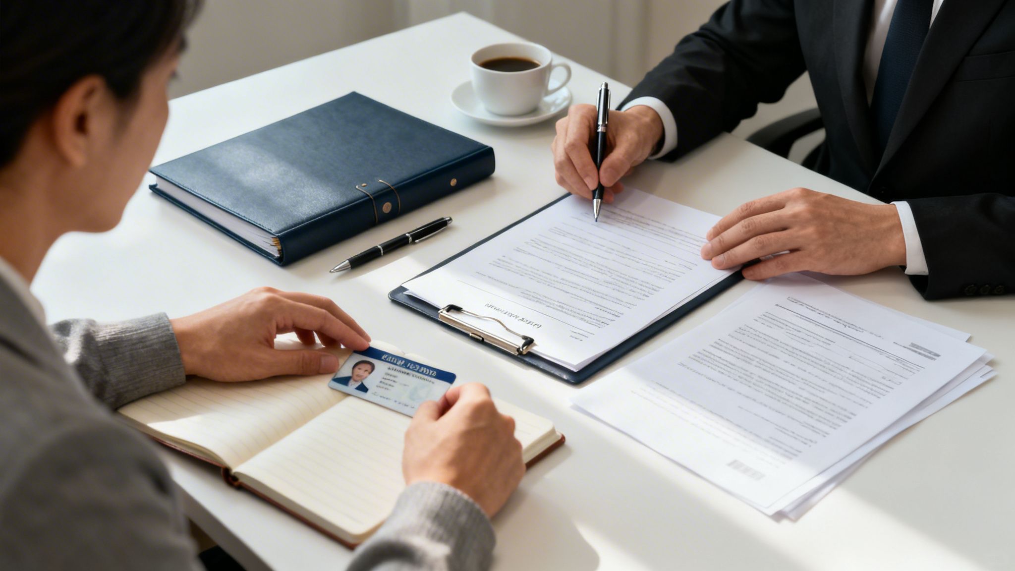 Dos personas en un escritorio, una firmando documentos y la otra sosteniendo una tarjeta de identificación.