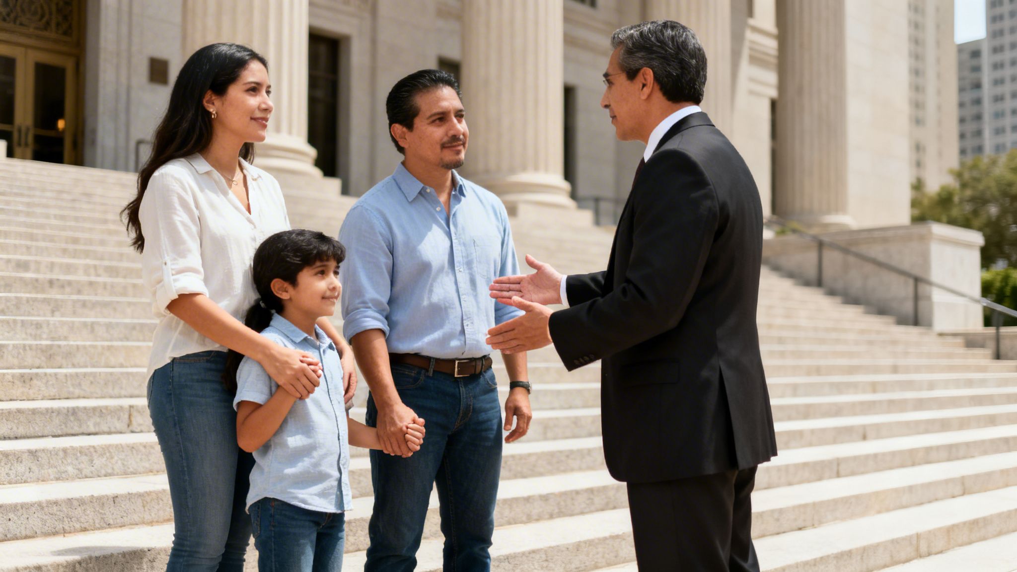 Una familia hispana, incluyendo padres y un niño, conversa con un abogado frente a un tribunal.
