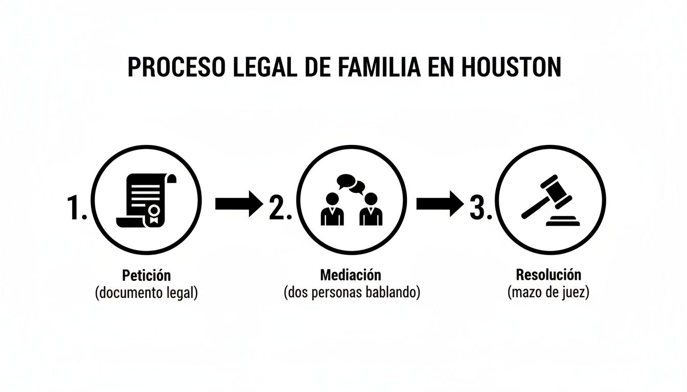Diagrama del proceso legal de familia en Houston: Petición, Mediación y Resolución con íconos.