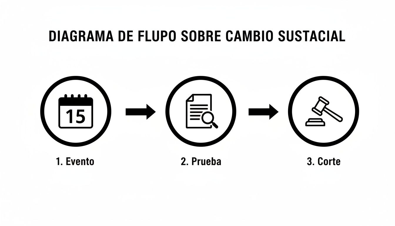 Diagrama de flujo que ilustra el proceso de cambio sustancial: evento, prueba y corte.