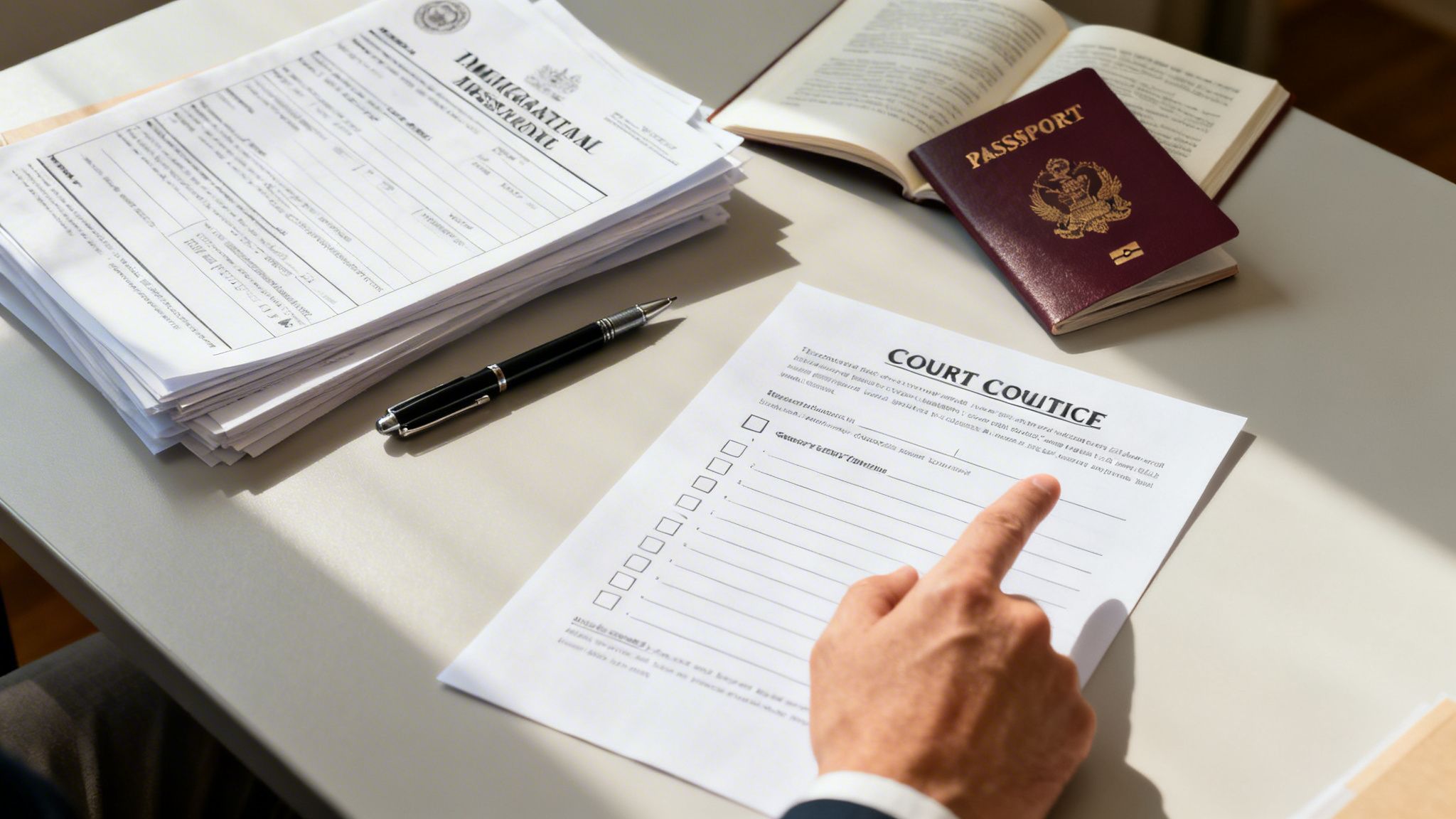 Mano señalando documento legal en escritorio con pila de papeles, pasaporte y libro abierto.