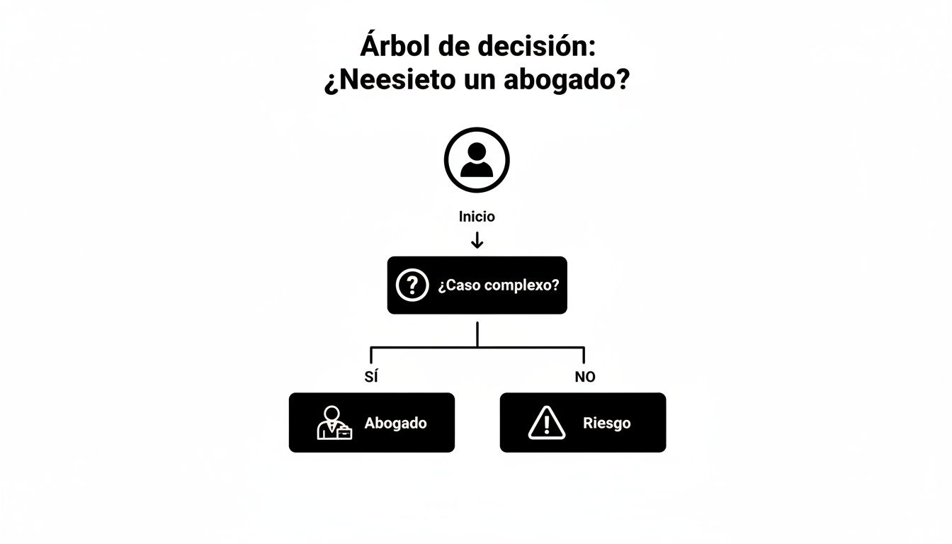 Diagrama de árbol de decisión sobre cuándo buscar un abogado, basado en la complejidad del caso legal.