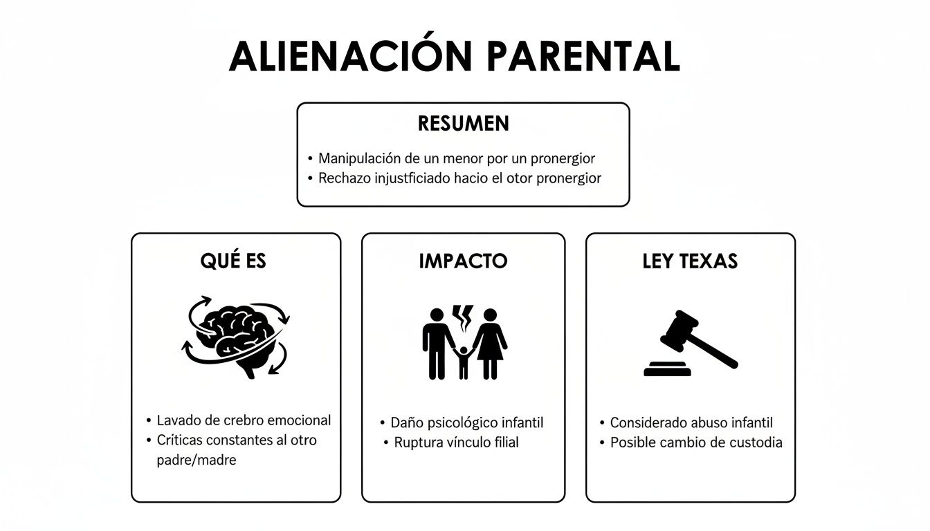 Infografía sobre alienación parental: resumen, qué es, impacto psicológico y sus implicaciones bajo la ley de Texas.