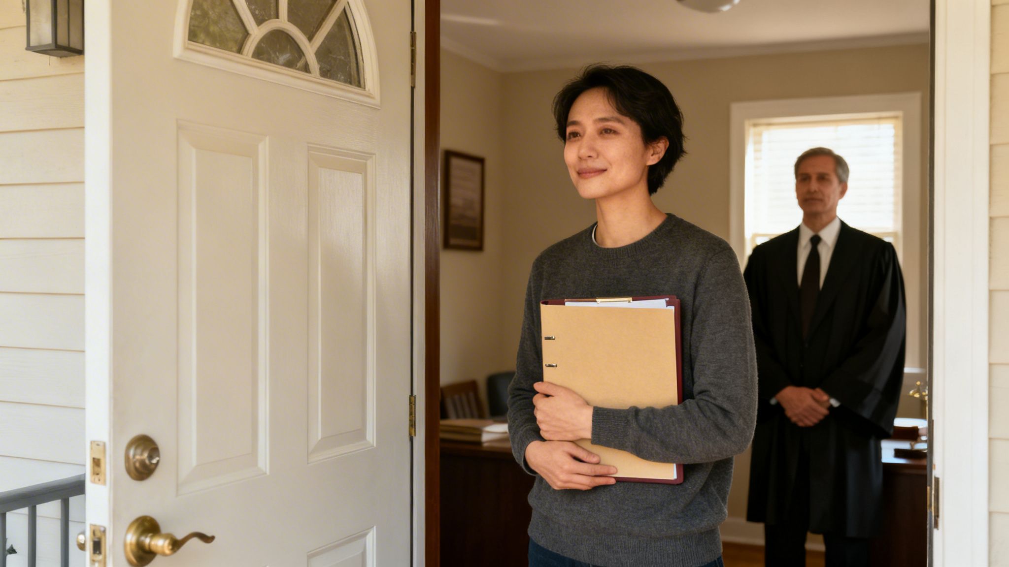 Mujer asiática sonriente con carpeta en la puerta de su casa, con un abogado detrás.
