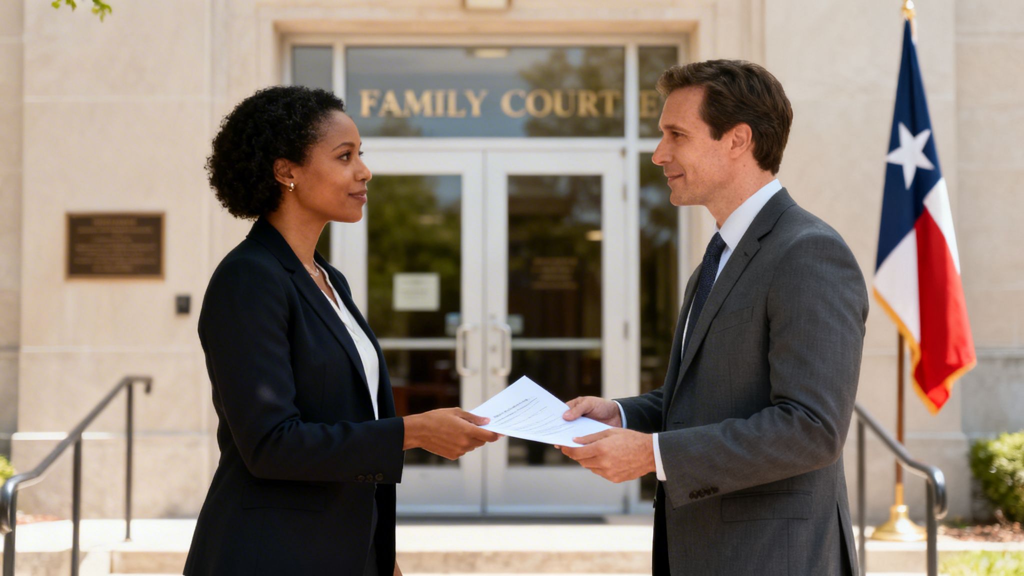 Dos profesionales legales intercambiando documentos frente a un tribunal de familia con la bandera de Texas.