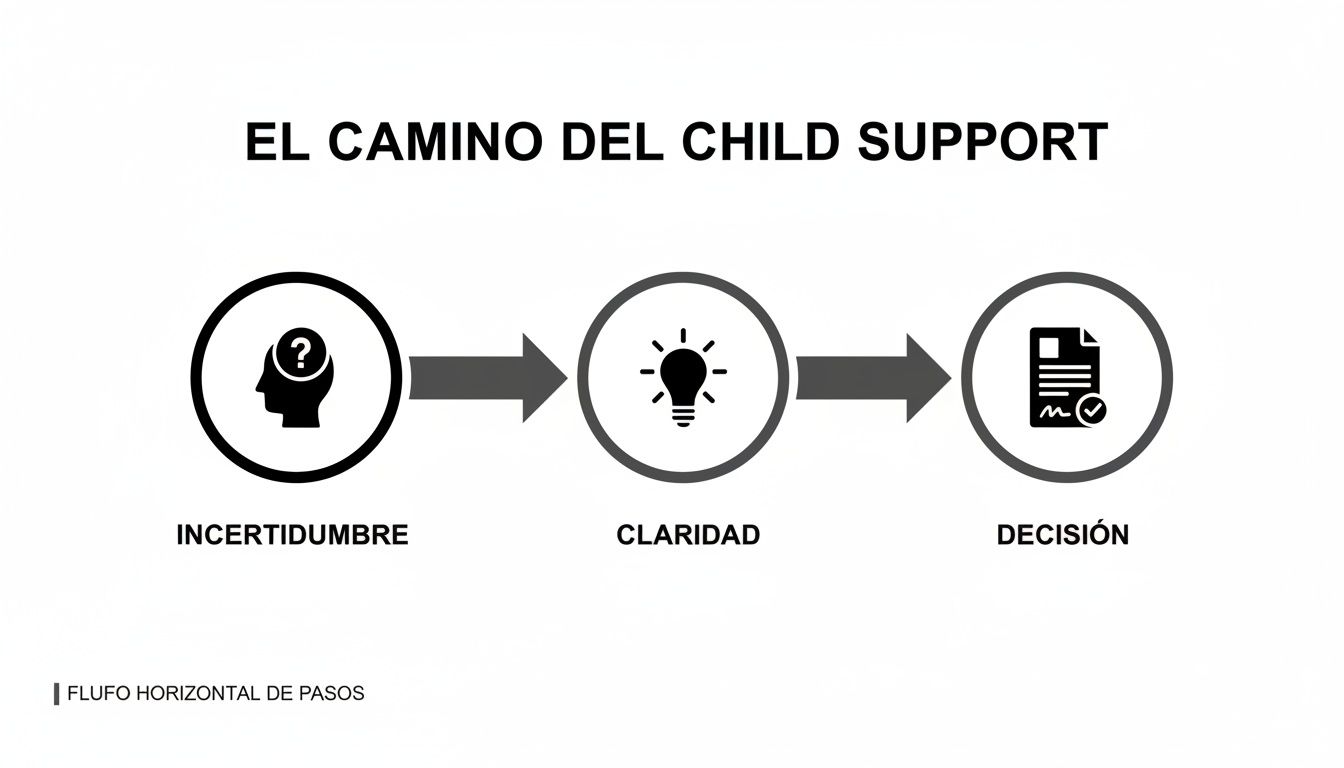 Diagrama visual que ilustra el proceso del child support desde la incertidumbre hasta la decisión con iconos.
