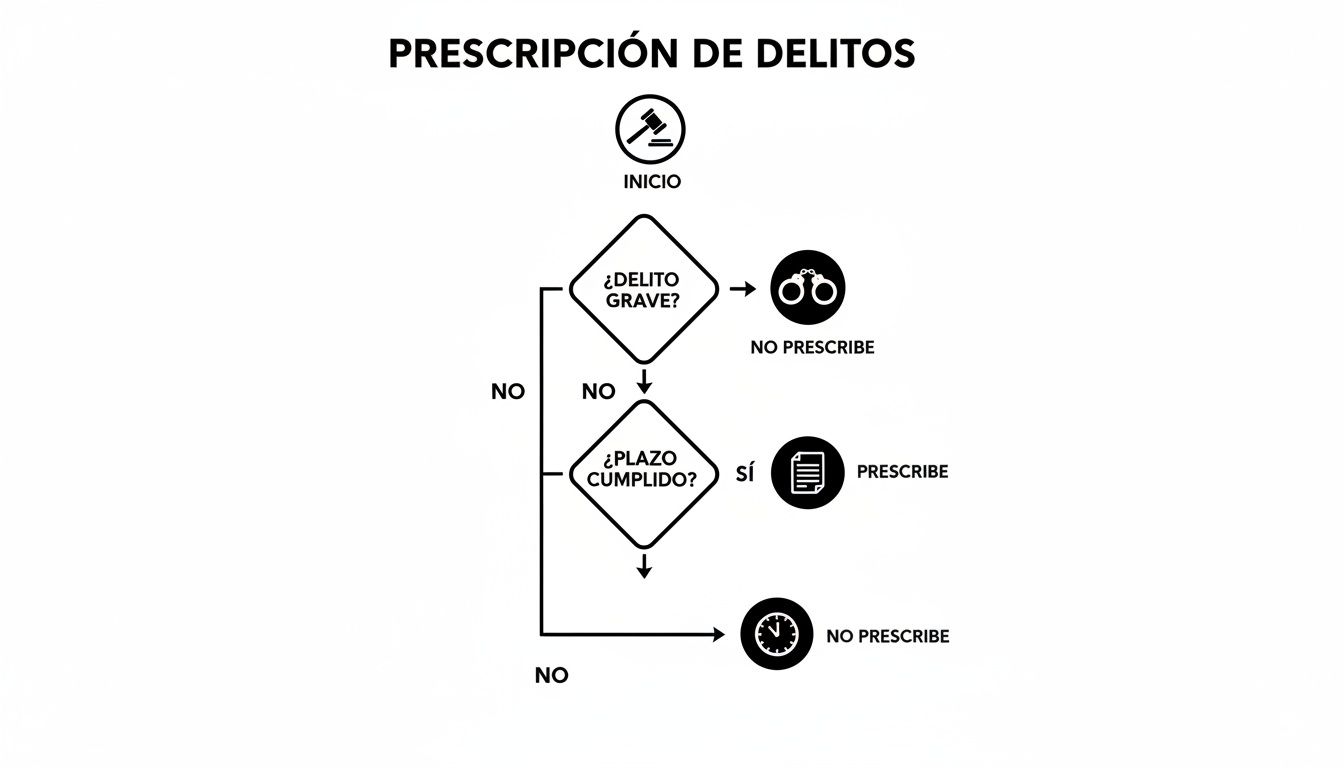 Diagrama de flujo sobre la prescripción de delitos, explicando el proceso según la gravedad y el tiempo.