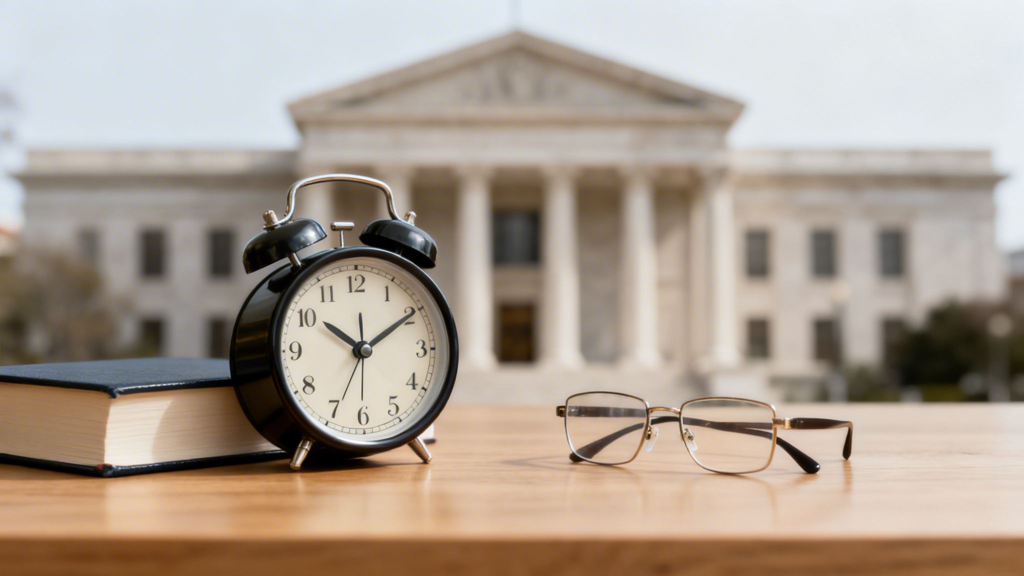 Un reloj despertador negro, un libro y gafas en una mesa con un edificio judicial al fondo. Representa plazos legales.
