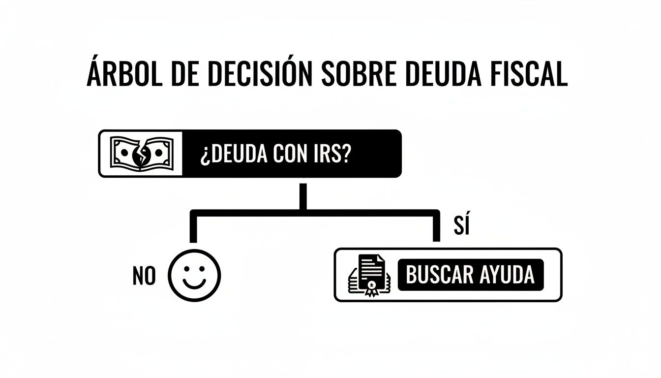 Diagrama de flujo simple sobre deuda fiscal con el IRS: ¿Tienes deuda? Si sí, busca ayuda; si no, estás bien.